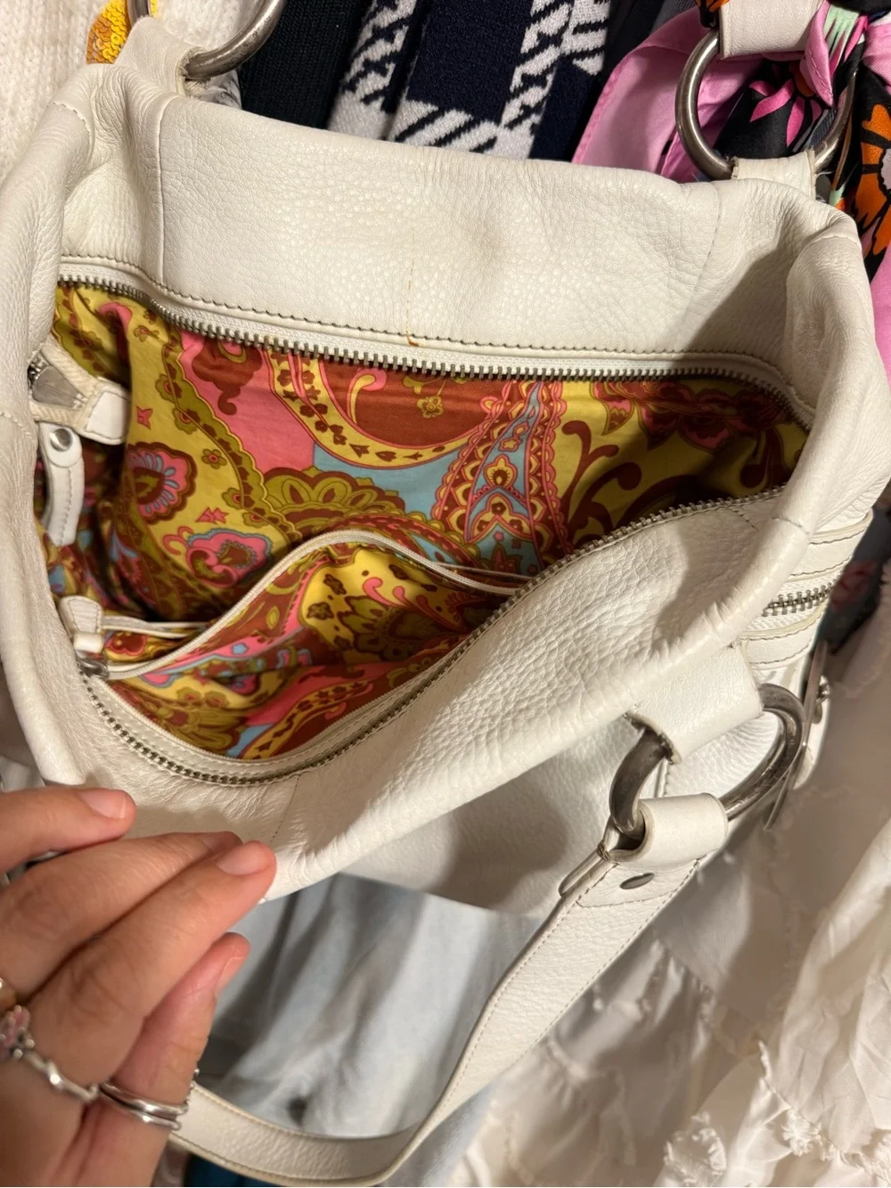 b. makowsky White Leather Shoulder Bag with Silver Hardware